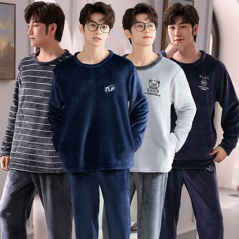 2022 Winter Long Sleeve Thick Warm Flannel Pajama Sets for Men Korean Loose Coral Velvet Sleepwear Suit Pyjamas Homewear Clothes