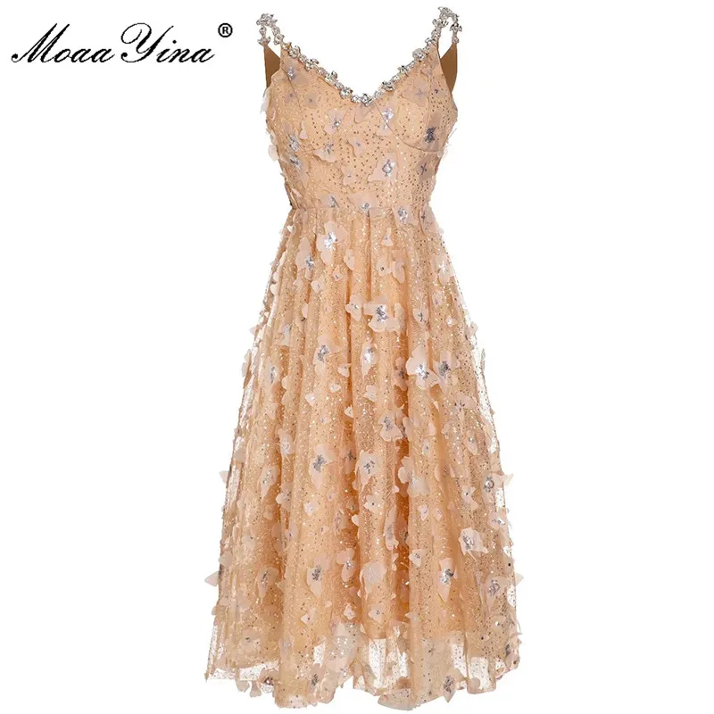 

MoaaYina Fashion Runway dress Summer Women's Dress Spaghetti Strap Luxury Diamonds Sequins Appliques Mesh Holiday Party Dresses