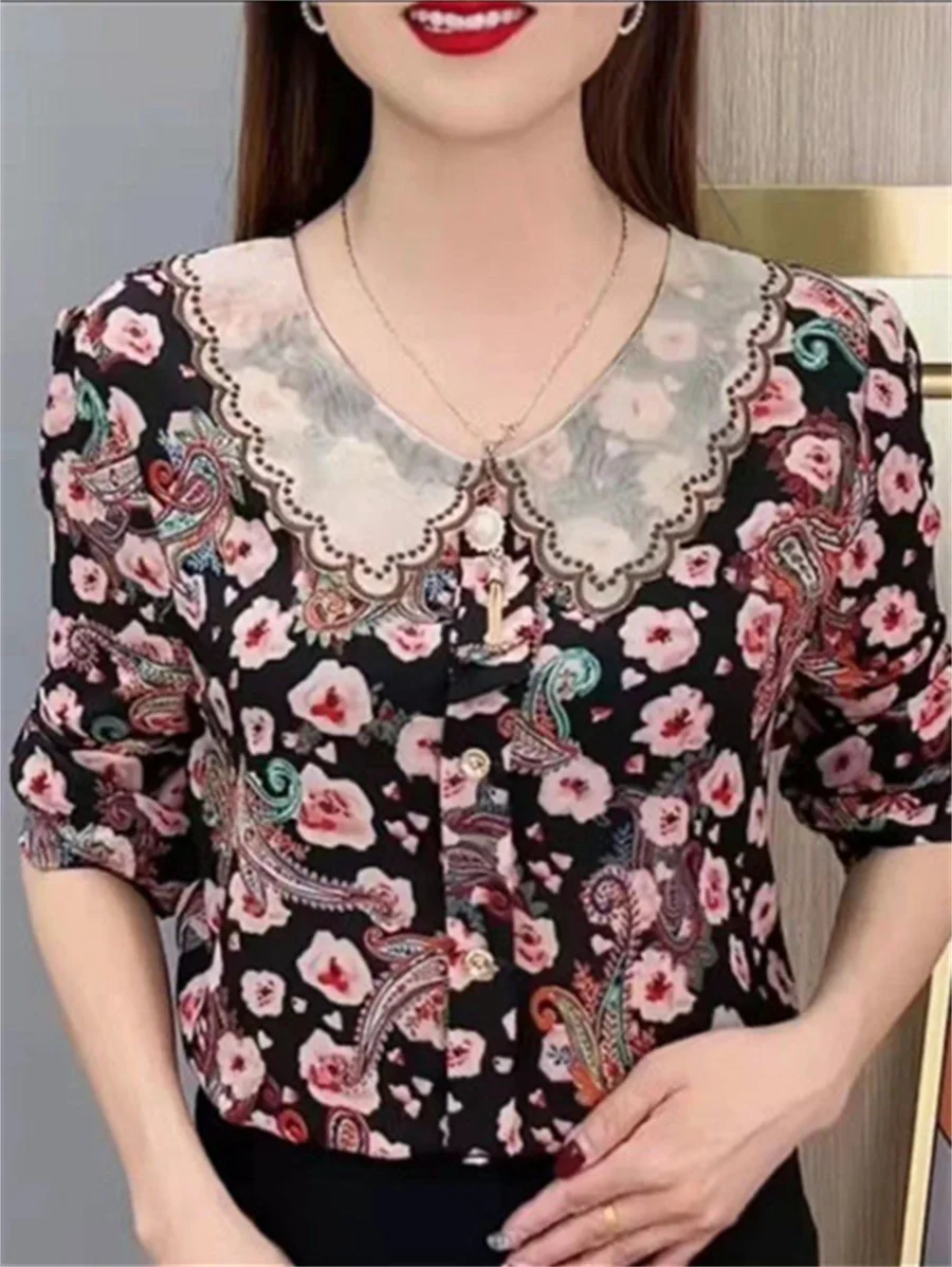 

Woman Summer Style Blouses Tops Lady Casual Short Sleeve Peter Pan Collar Polka Dot Printed Blusas Tops DF4410