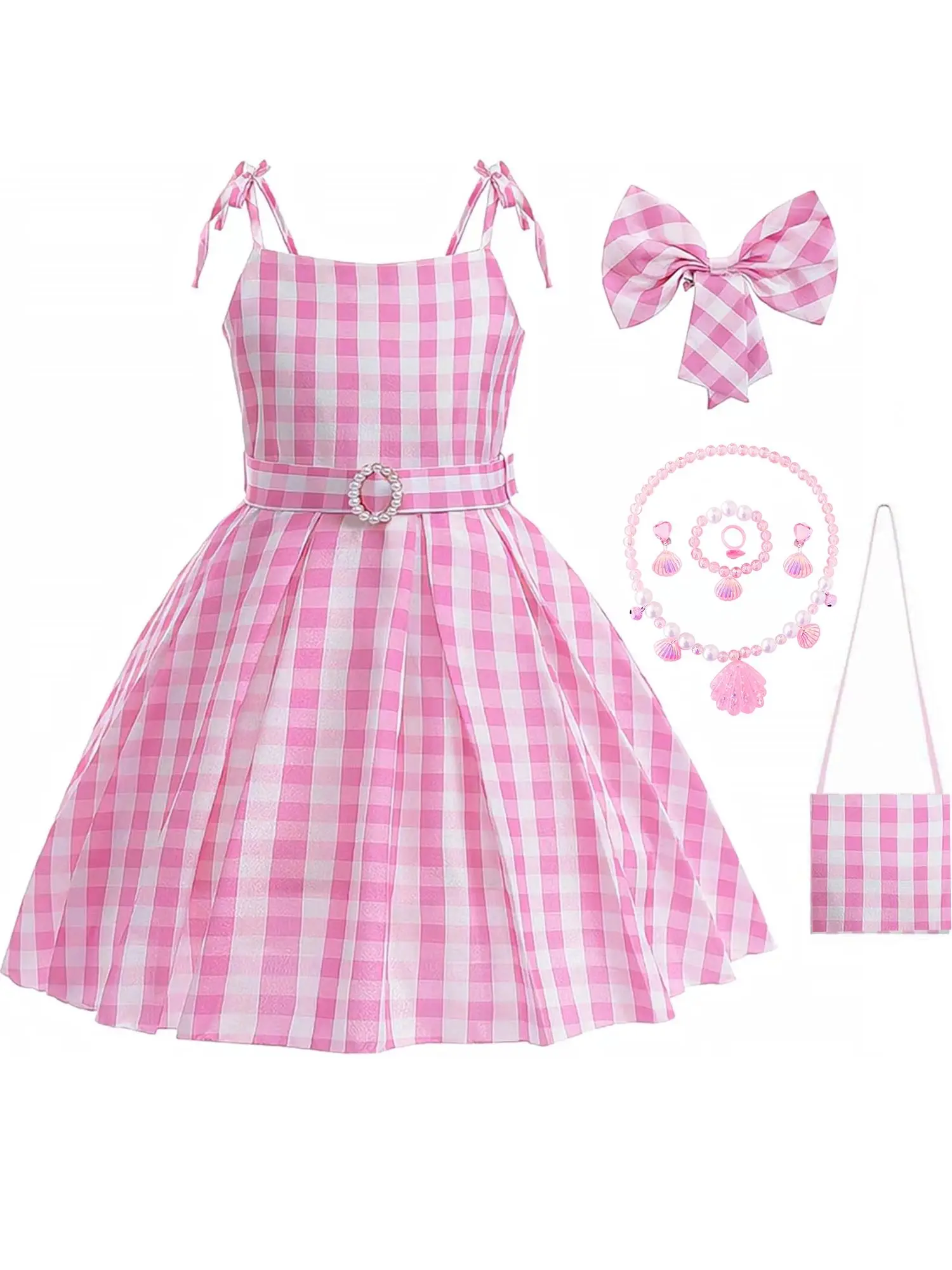 Платье в клетку для девочек с розой и аксессуарами включает себя головные уборы