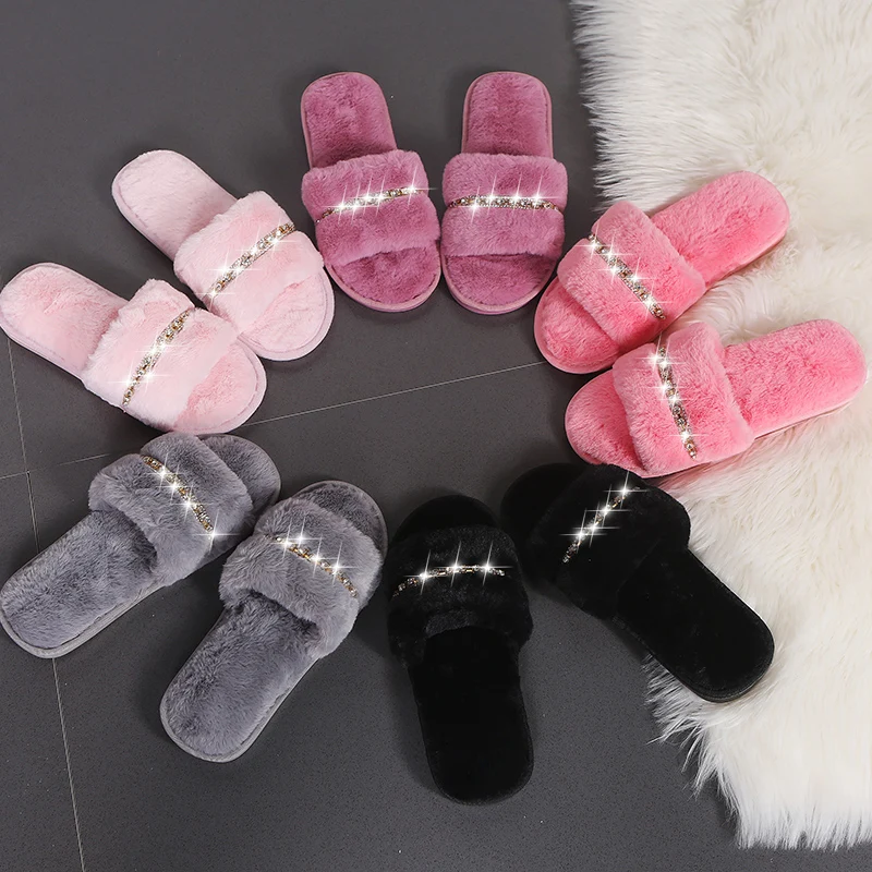 New Women Home Slippers Fashion Shiny Rhinestones Design Open Toe Indoor 2022 Winter Flat Non-slip Leisure Interior Female Shoes