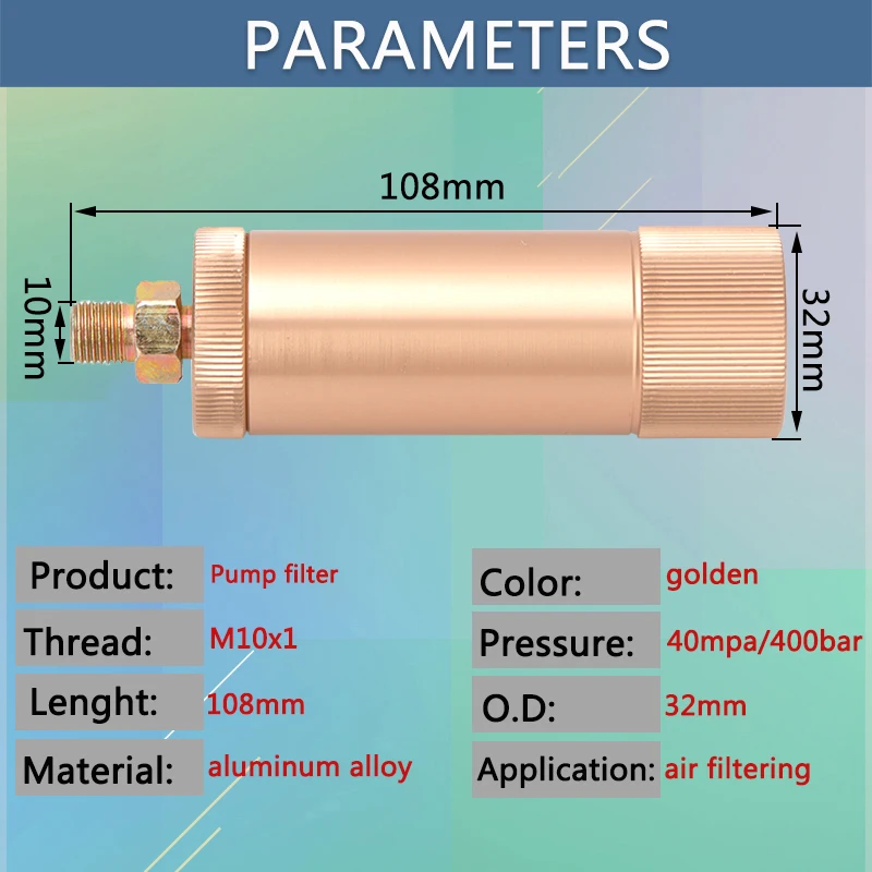 PCP Paintball High Pressure Pump Filter M10x1 Thread 40Mpa 6000Psi Golden Water-Oil Separator Air Filtering 8MM Quick Connector enlarge