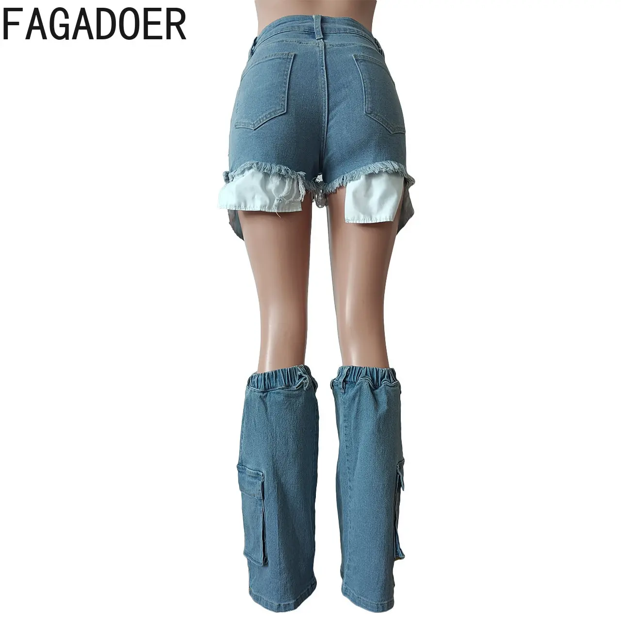 FAGADOER Fashion Y2K Denim Shorts Legging Socks Two Piece Sets Women High Waisted Button Shorts Casual Female Patchwork Bottoms