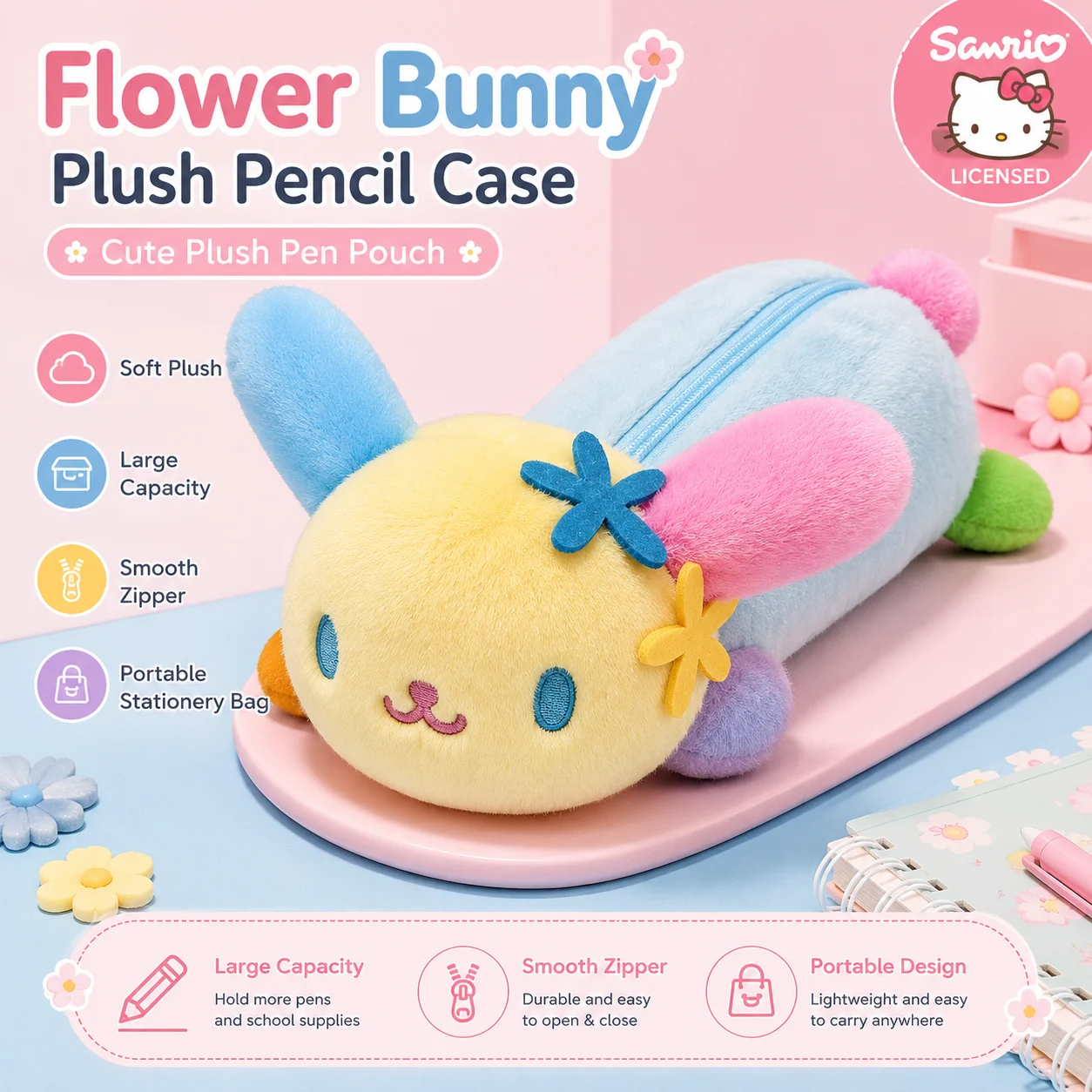 Фото Пенал Sanrio Usahana Bunny, милый мультяшный пенал на молнии, сумка для ручек, студенческий пенал для канцелярии, косметичка для хранения №1