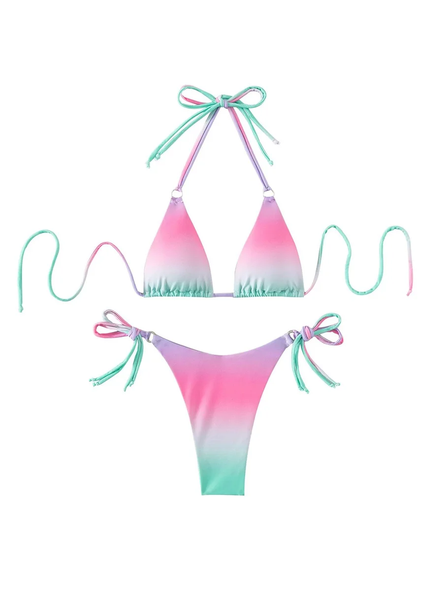 

Женские градиентные бриджи с регулируемыми лямками пуш-ап бюстгальтер и боковые бандажные стринги с заниженной талией