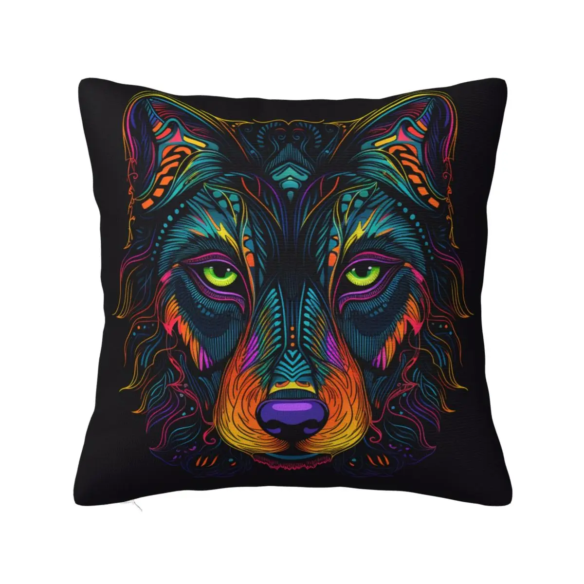 

Wolf Pillow Case Line Art Neon Spring Retro Pillowcase Polyester Cushion Zipper Cover