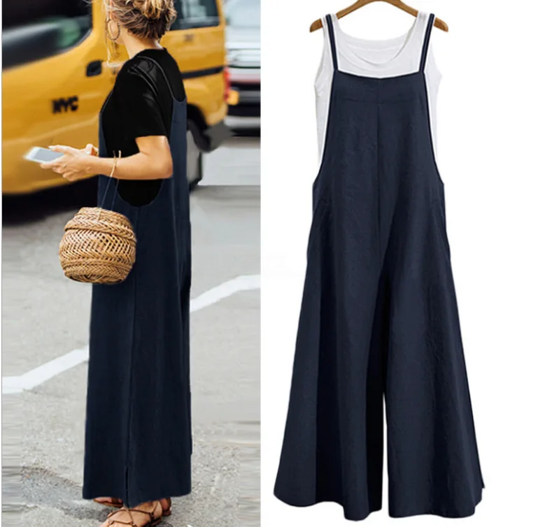 Summer Cotton Linen Jumpsuits Woman Casual Loose Straps Wide Leg Pants Fashion Sleeveless Oversized Jumpsuits Plus Size S-5XL