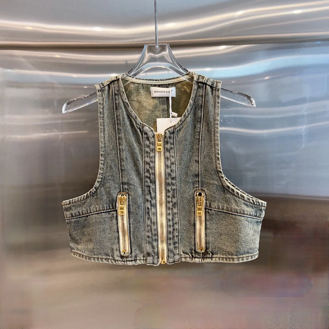 

Zipper Vest For Women Summer Denim Waistcoat Loose Cute Outfit Small Coat Young Vitality Short Vest