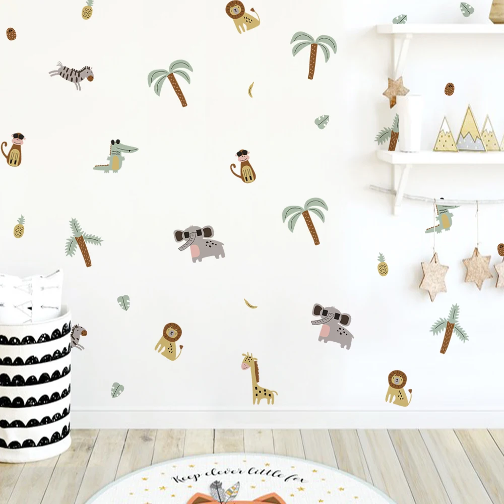 

Cartoon Funny Glasses Elephant Monkey Crocodile Animals Wall Stickers for Kids Room Baby Boys Room Boho Palm Tree Interior Decal