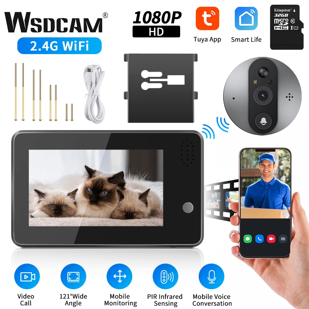 Wsdcam Smart WiFi Video Doorbell Night Vision Tuya Peephole Camera Doorbell Viewer with 4.3 inch LCD 1080P Two Way Audio Camera