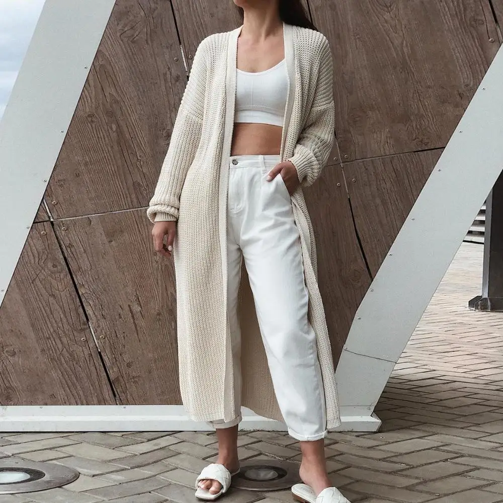 

Solid Cardigan Knitted Sweater Women Elegant Long Sleeve Solid Open Stitch Coats Cardigan Coat Oversized Sleeve Style Collar Age