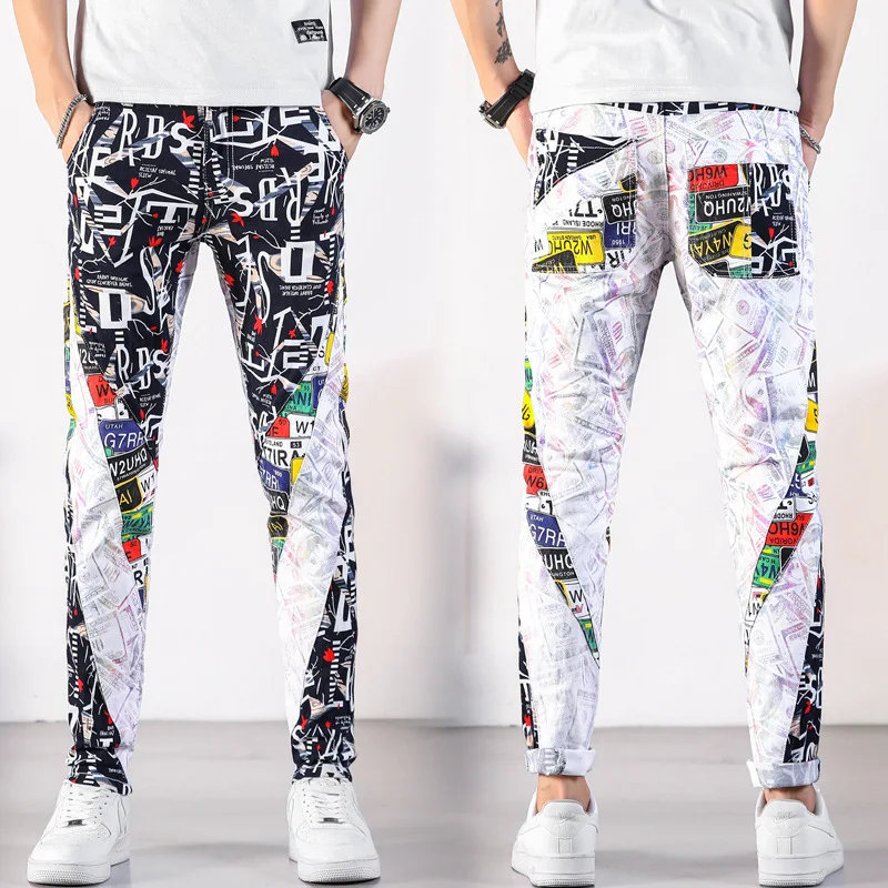 2023 New Men's Personalized Printing Fashion Brand Jeans Men's Slim Fit Panels Elastic Graffiti Fashion Cotton Pants