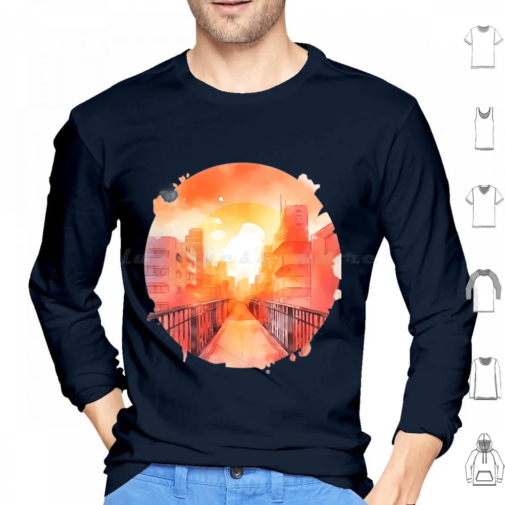 Фото Толстовки с капюшоном City Sunset с длинным рукавом City Sunset Watercolor Sun Buildings Cute Lofi Orange Circle Kawaii №1
