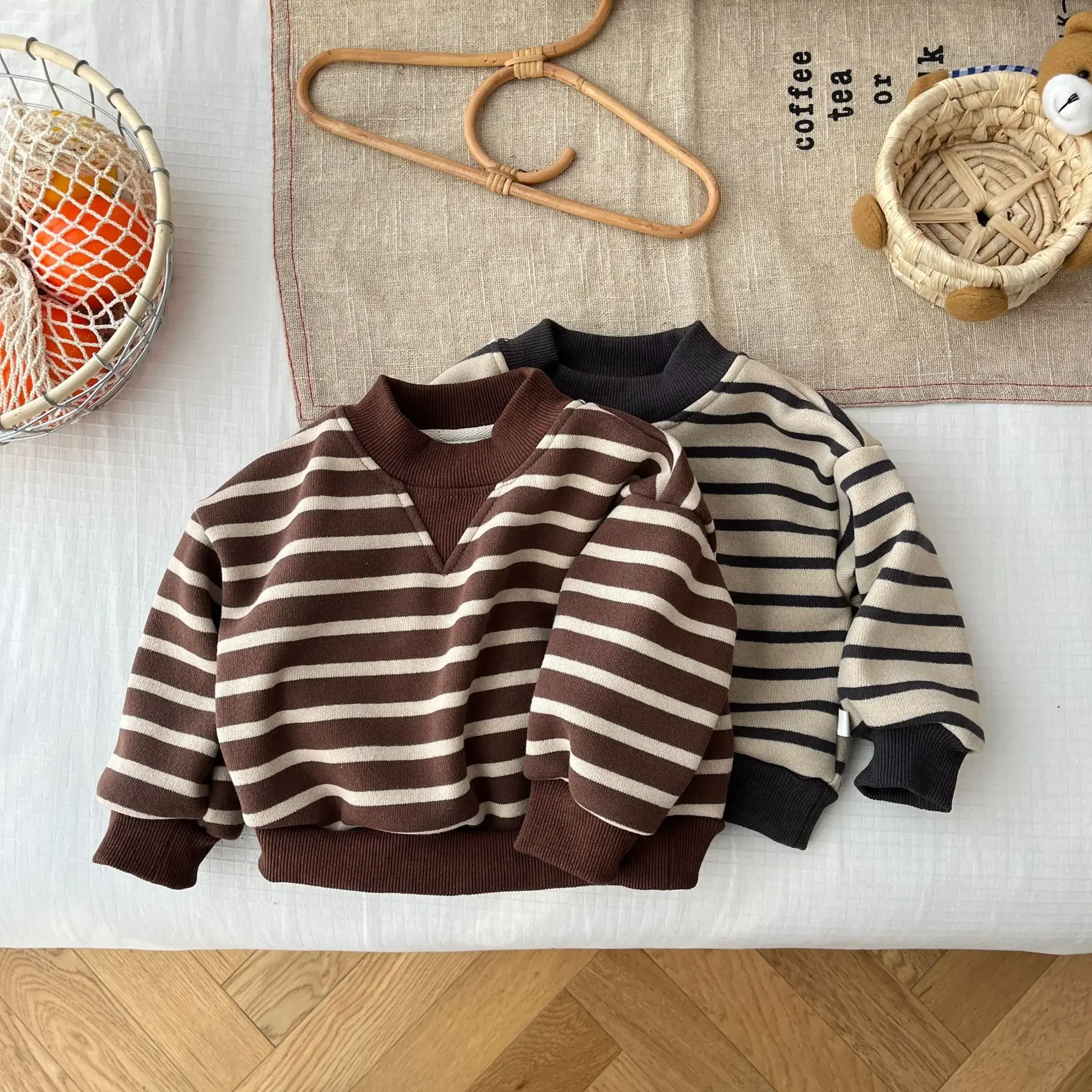 

Spring New in Kids Baby Boys Fashion Top Outwear - Children Striped Thick Plush Patchwork Sweatshirts , Toddler Outwear 3M-5Y