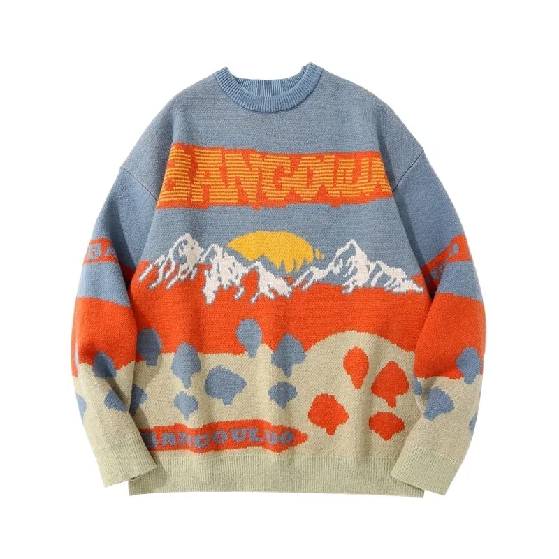 

Hip Hop Knitted Sweater Streetwear Vintage Mountain Patchwork Korean Sweater 2021 Mens Harajuku Fashion Casual Thick Sweaters