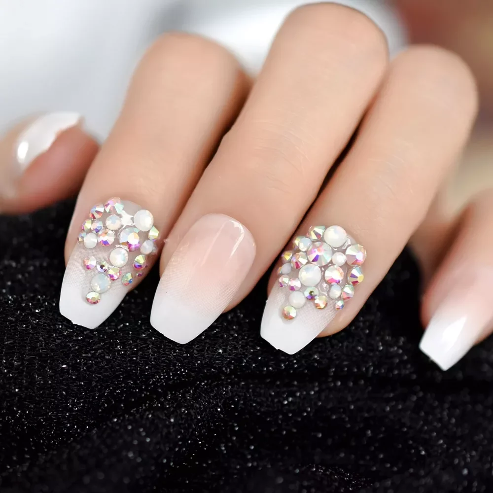 

2022NEW Bling Glitter Pink Nude French Ballerina Coffin False Fake Nails Gradeint Natrual Press on Daily Office Finger Wear UV N