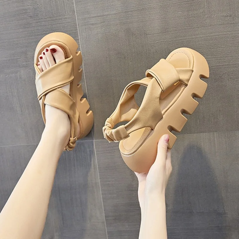 

2023 Summer Women Wedge Heeled Pu Leather Sandals Cross Strap Korean Style Casual Shoes Ladies Open Toe Solid Buckle Sandalias