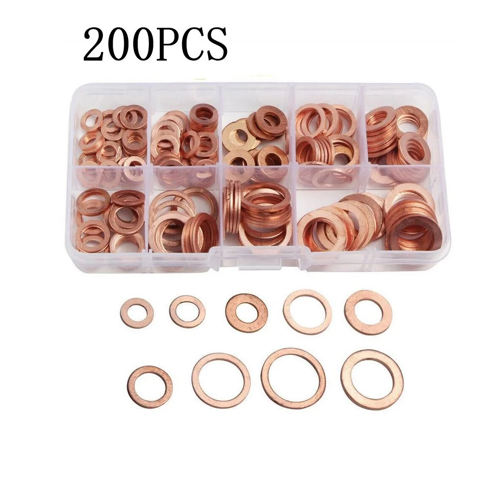 

200PCS Assorted Crush Copper Gasket Seal Ring Hardware Set Metal Flat Washer Kit O Type Copper M6/M8 130x68x22mm Gasket Kit