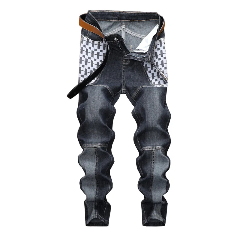 Men Jeans Streetwear Vintage Jeans Men's Mid-Waist Plaid Printed Stitching Jeans Summer Slim Hip Hop Denim Straight-Leg Pants