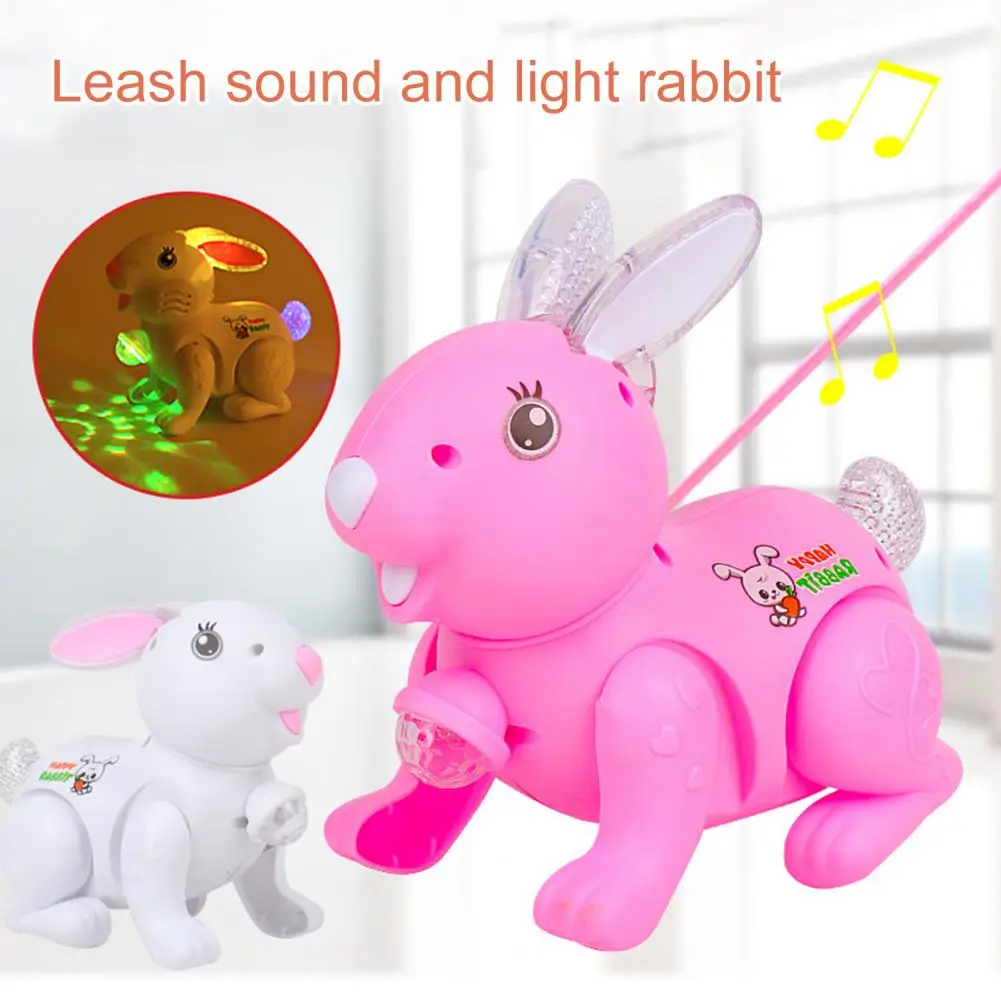 

Dropshipping! Walking Bunny Toy Flashing Cool Lighting Colorful Electronic Luminous Musical Animal with Leash Rope Birthday Gift
