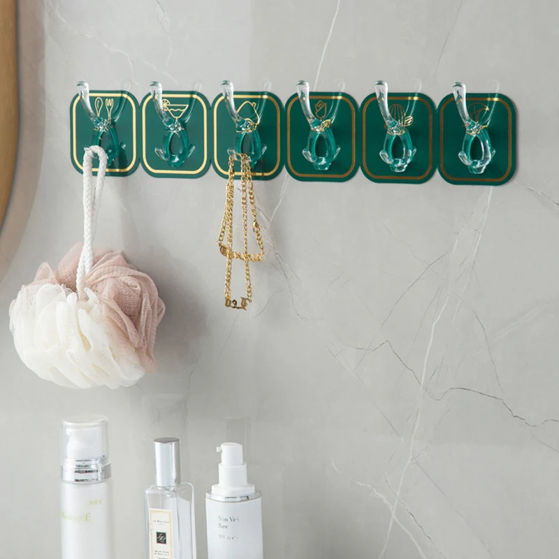 

Plastic Self-adhesive Hooks Kitchen Bathroom Six Rows Hooks Nail-free Wall Hook Strong Coat Hanger Clothes Key Hat Rack