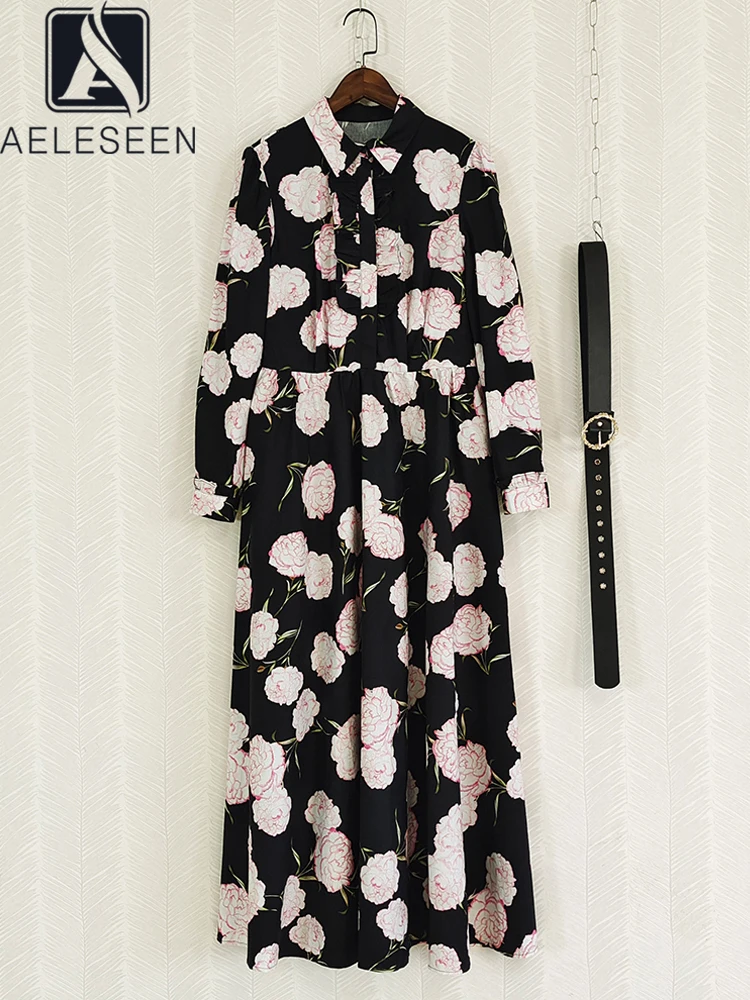 

Женское платье из 100% хлопка AELESEEN, Элегантное Длинное Платье из поплина с рукавами-фонариками, поясом и цветочным принтом на весну и осень, вечерние для праздника