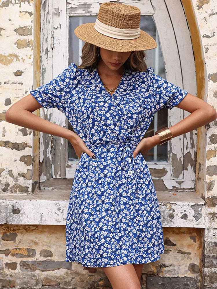 

2022 New Summer V Neck Puff Sleeve Floral Skirt High Waist Lace Up Blue Slim Short Printed Dress For Fashion