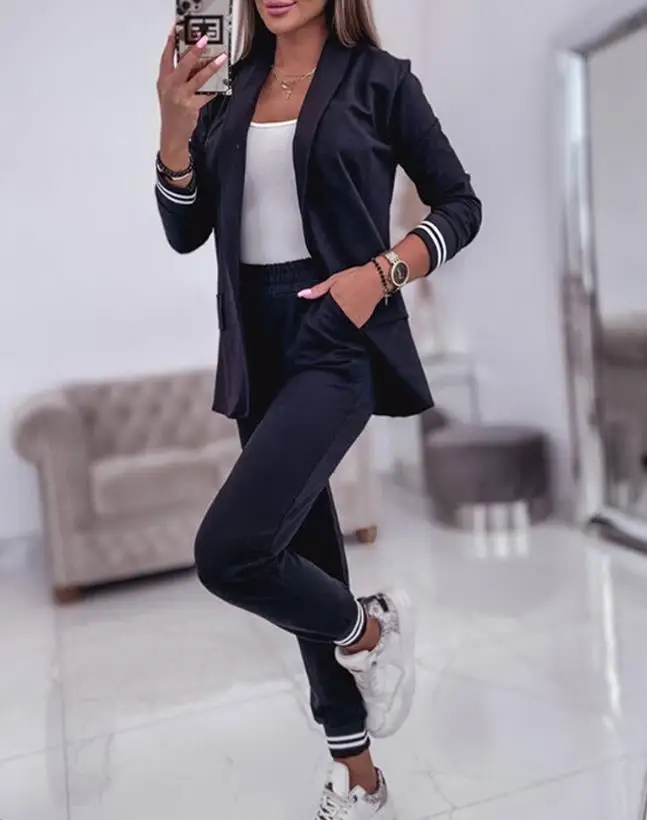 

Womens 2 Piece Outfit Set 2023 Striped Shawl Neck Pocket Long Sleeves Coat & Casual Cuffed Pants Set Fashion Casual Work Suit