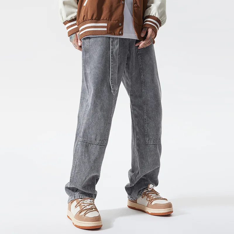 Four Seasons European and American Retro Jeans Men's Street Green Washed Distressed Loose Design Straight Leg Pants Ins Hot Sale