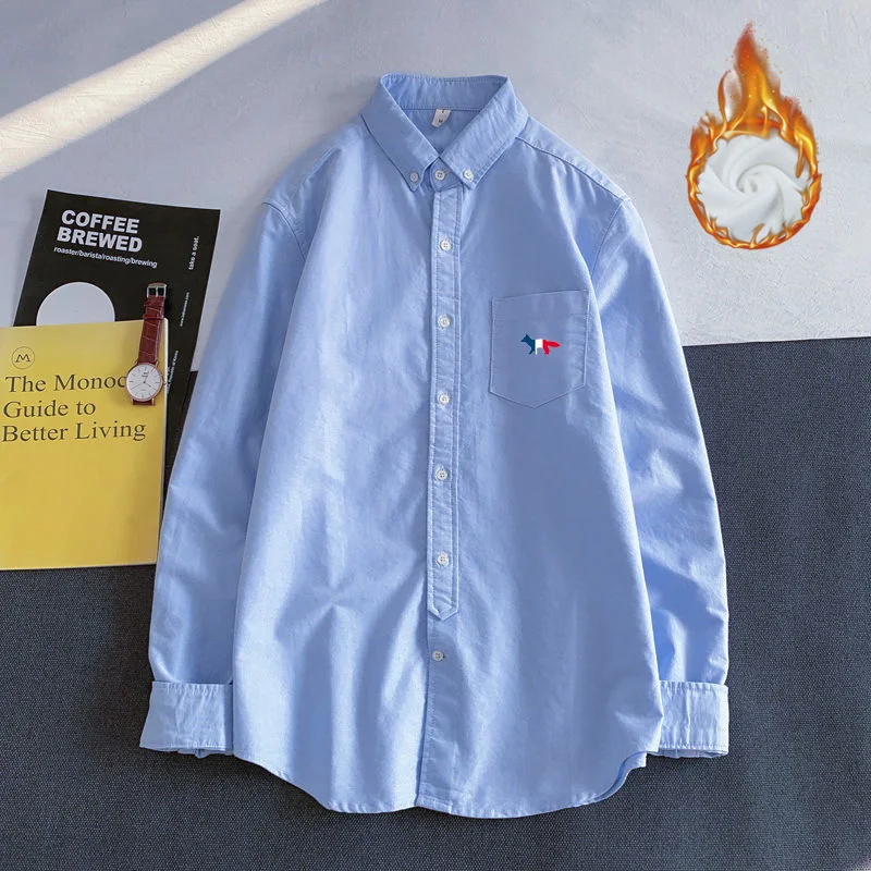 Autumn Mens Shirt Luxury Brand Lazy Fox Embroidery Logo Lapel Shirt Plush Warm Shirt Fashion Long Sleeve Shirt Men Tops