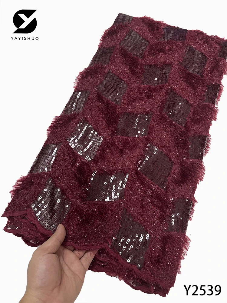 

Новинка 2022, африканская красная сетчатая кружевная ткань, 5 ярдов, ткань из шенилла, Сетчатое кружево для швейного платья Y2539