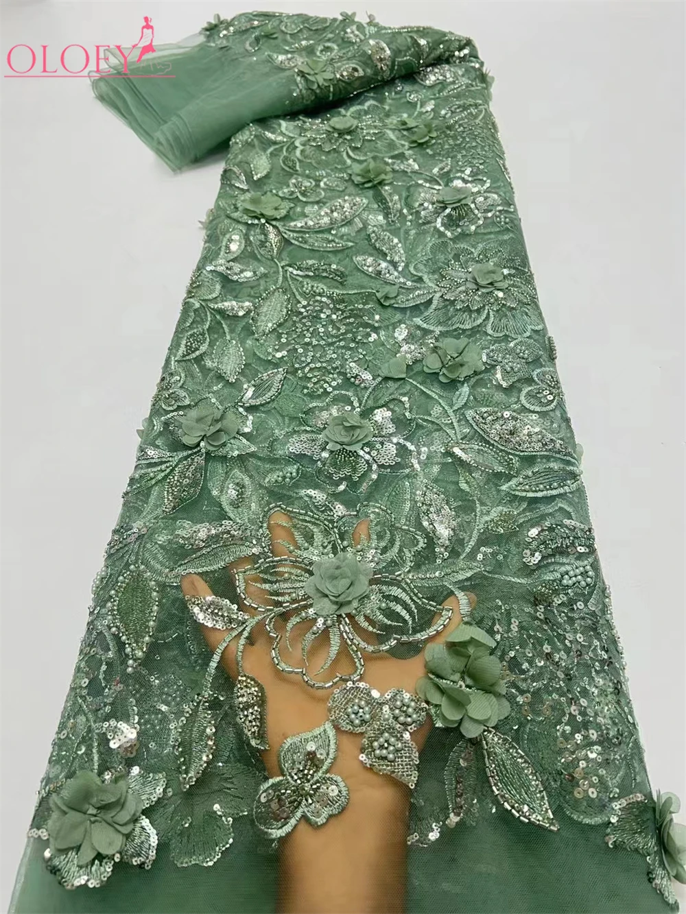 2024 модная французская сетка 3D Цветочная вышивка из бисера кружевная ткань с