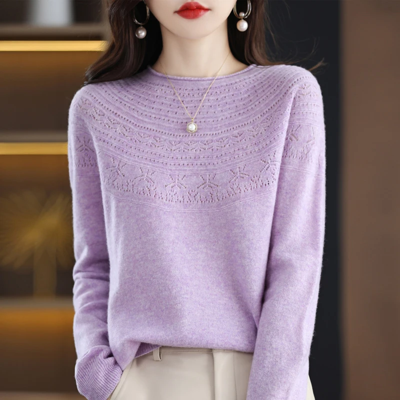 

Trendy Style One-Line Ready-To-Wear Pure Wool Sweater Women's Hollow Knitted Pullover Autumn and Winter Rolled Edge O-Neck Top