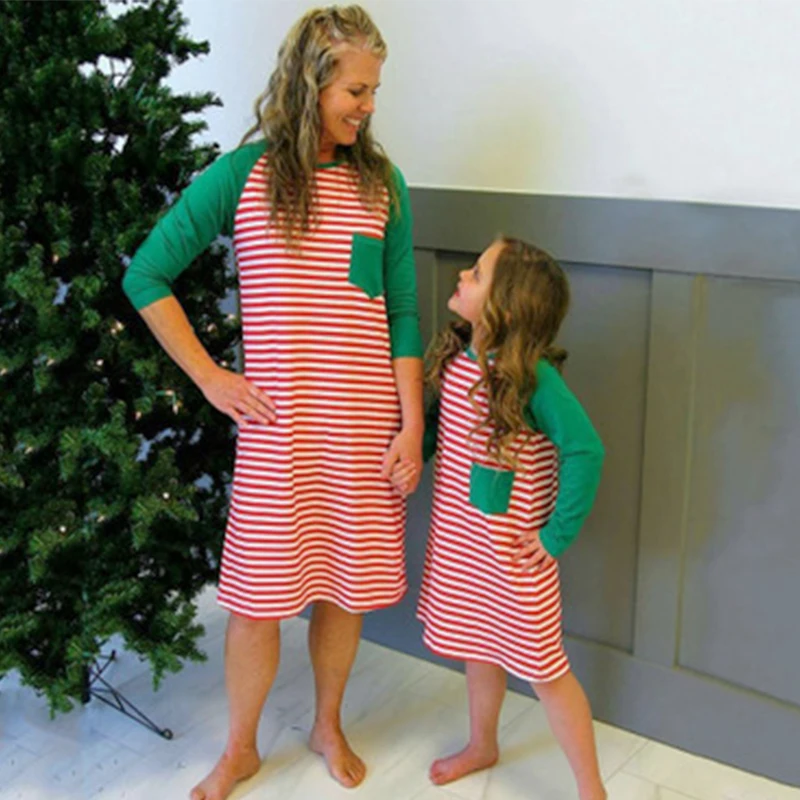 Family Matching Clothes Xmas Dress Mother Daughter Striped Family Dress Women Girls Autumn Long Sleeve Patchwork Dresses
