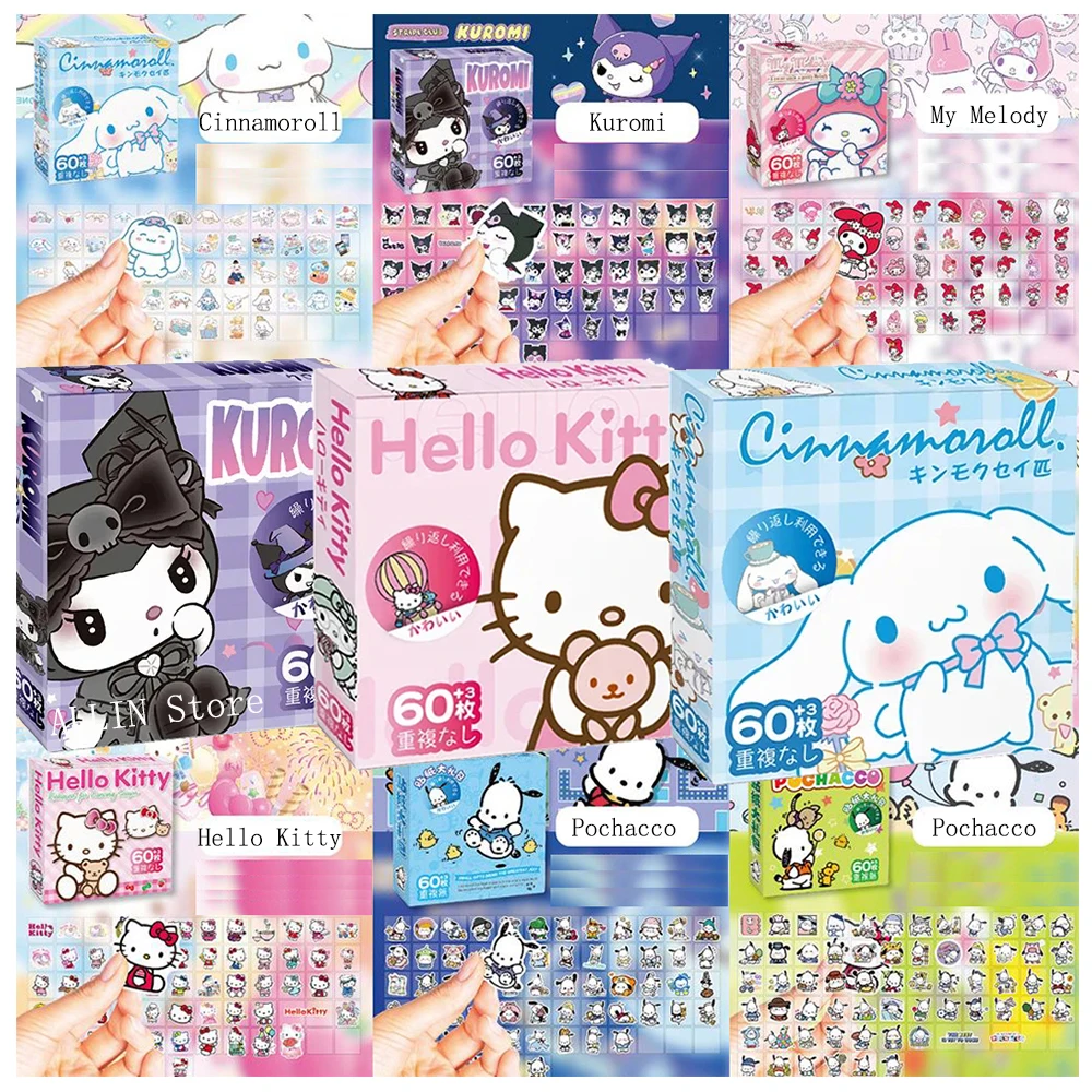60PCS Kawaii Sanrio Stickers Anime Kuromi Pochacco Hello Kitty Pompom Purin Decoration Decals Waterproof Kids DIY Sticker Toys