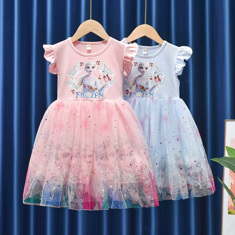 

Летнее женское платье принцессы 2022 с мультяшным рисунком для маленьких девочек, детское Сетчатое платье с летающим рукавом, vestido niña