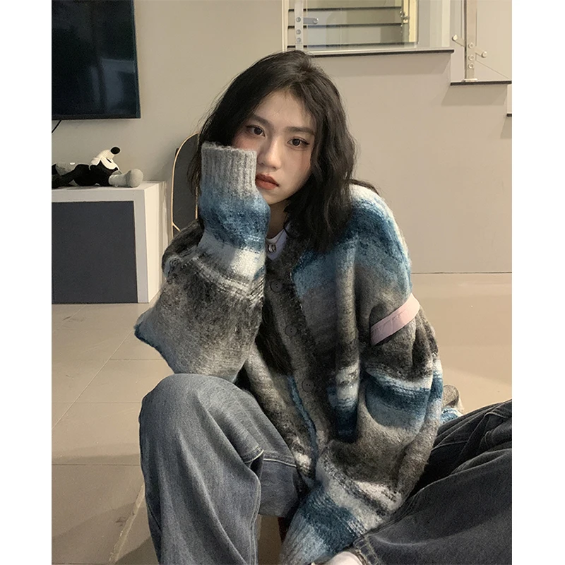 

Vintage Striped Knitted Cardigan Women Streetwear Gradient Sweater Coat Harajuku Plus Size Knitwear Korean Patchwork Jumper Tops