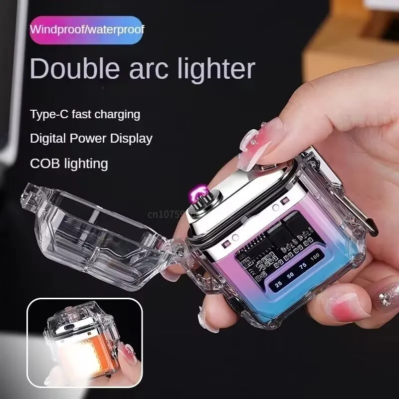 

2023 Outdoor Waterproof and Windproof Lighting USB Arc Lighter Transparent Shell Power Display Rechargeable Lighter Men's Tools