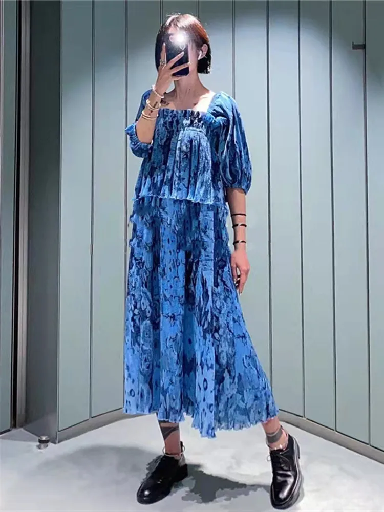 

2022 Early Spring New Women's Blue Abstract Print Loose Long Dress Ladies Georgette Puff Sleeve Square Collar Elegant Midi Robe