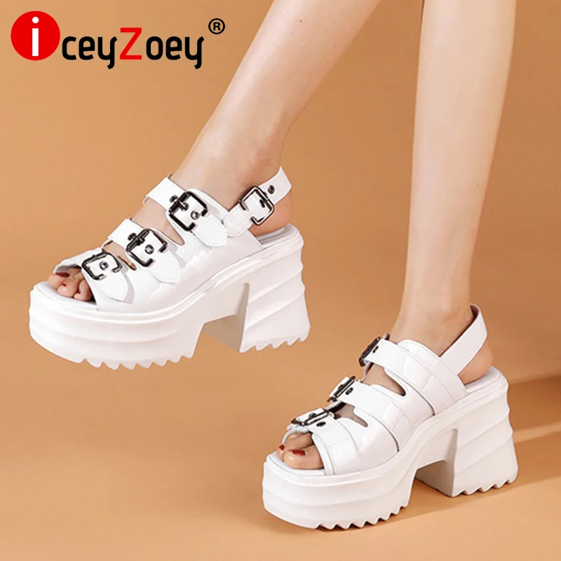 

Женские сандалии на платформе IceyZoey, черные босоножки на толстом каблуке, с пряжкой, модная летняя обувь в стиле панк, размеры 34-39,