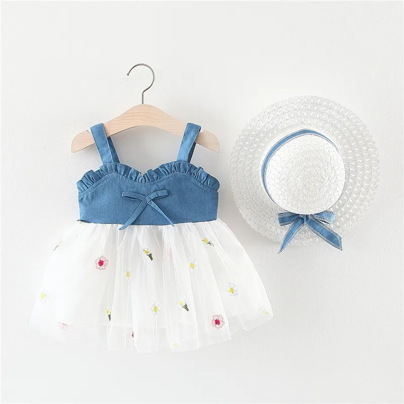

2Piece Summer Outfit Infant Baby Girl Princess Beach Dress+Sunhat Cowboy Mesh Splicing Newborn Baby Girl Birthday Dress