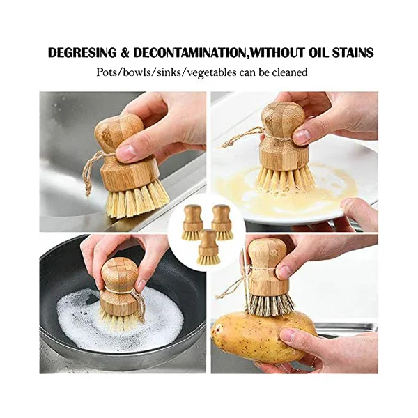 Promotion! 4 Pcs Bamboo Dish Scrub Brush Set 3 Round Brushes And 1 Long Handle Pot For Pan Utensils Bowl Cleanin |