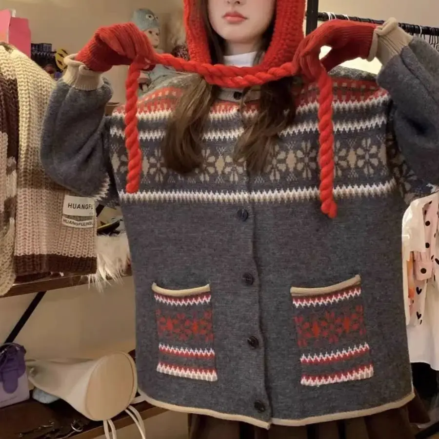 Британский свитер кардиган однобортный жаккардовый свободный ретро-свитер с