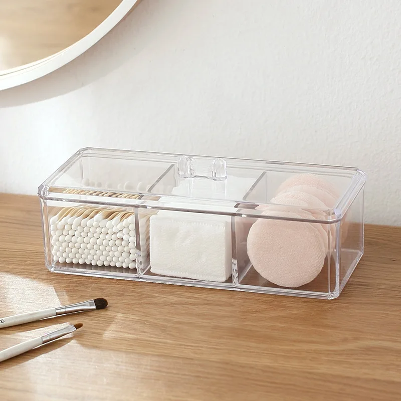 

Three grids Cosmetic Storage Box Transparent Makeup Organizer Desktop Cotton Swab Cotton Pad Acrylic Storage Box With lid