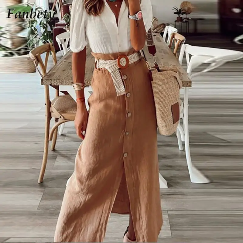 

Women Fashion Solid High Waist Holiday Party Skirt Autumn Casual Cotton Linen Button Skirts Lady Sexy Style Slim Slit Long Skirt