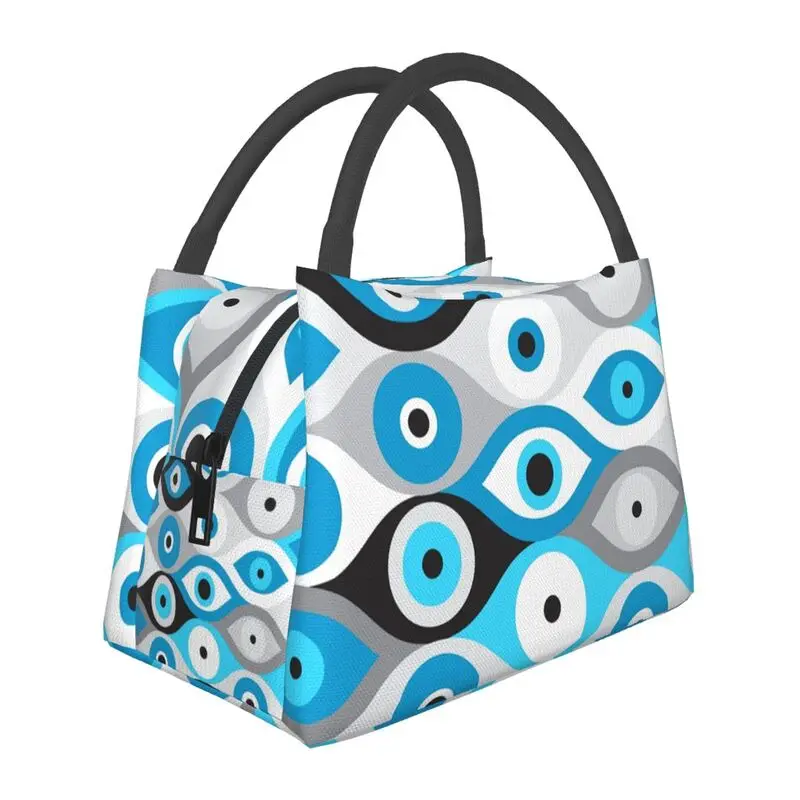 

Custom Greek Evil Eye Pattern Blues And Greys Lunch Bags Women Cooler Warm Insulated Lunch Box for Work Pinic or Travel