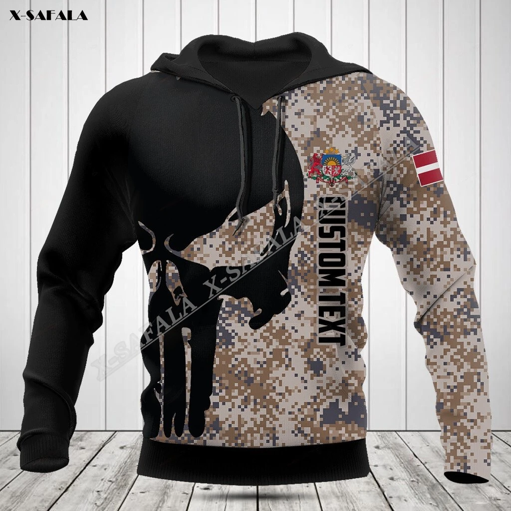 

Latvia Black Skull Camo Flag Army Soilder Veteran 3D Print Hoodie Men's Outwear Shirt Pullover Hooded Sweatshirt Jersey Casual
