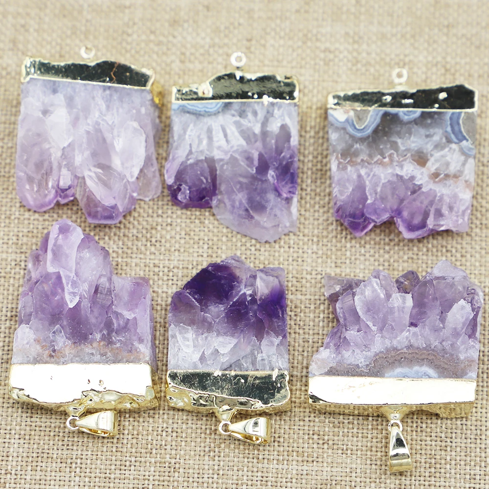 Free Shipping Natural Uruguayan Amethyst Irregular Gold Plated Pendant Men's And Women's Charm Necklace Jewelry Wholesale 6P/Lot