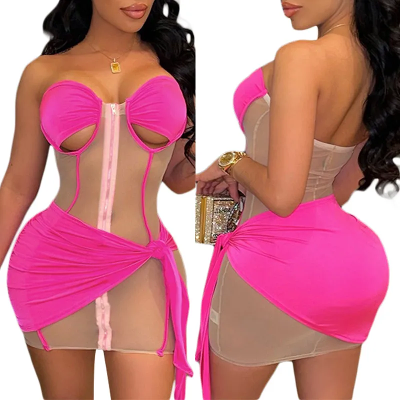 

Women Summer Sexy Bodycon Dress Patchwork Mesh See-Through Strapless Off-Shoulder Zipper-Open Tight Robe Short Dress Club Party