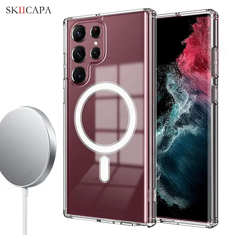 

For Samsung S22 Ultra 5G For Magsafe Magnetic Clear Acrylic Case for Galaxy S21 Note 20 Ultra Wireless Charging Magsafing Cover